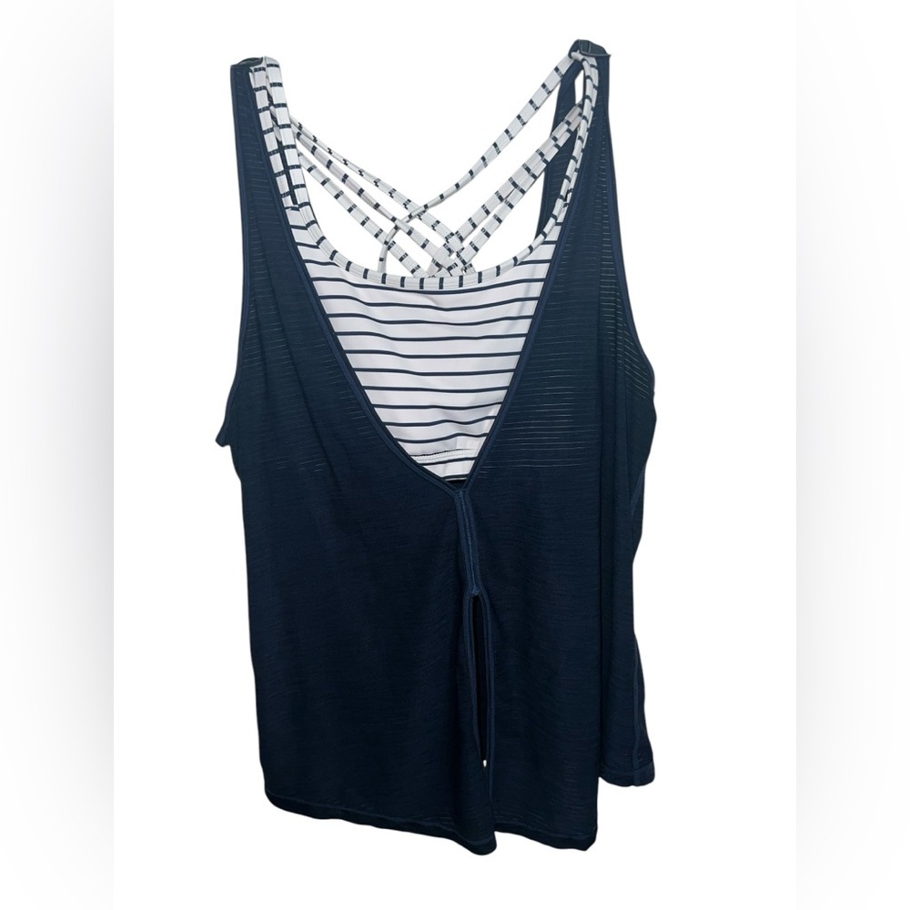 Women’s Navy Strappy Swim Cover-Up Tank with Striped Liner